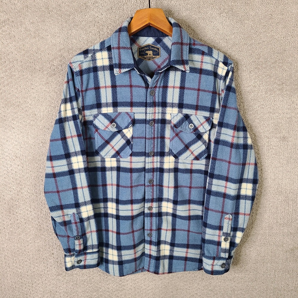 Freedom Foundry Shirt Mens Medium Blue Plaid Button Down Fleece Polyester Casual